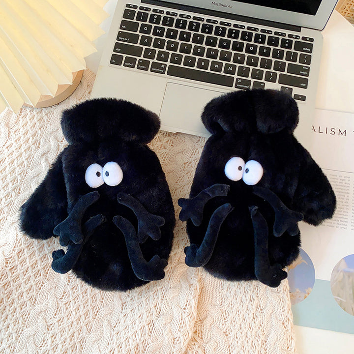 Fluffy white mittens with cartoon face and arms