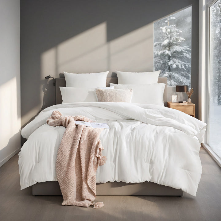 White box-stitched duvet on bed