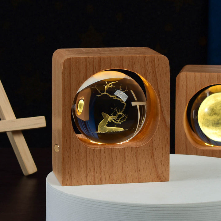 3D Crystal Ball Night Light – Laser-Engraved on Beech Base