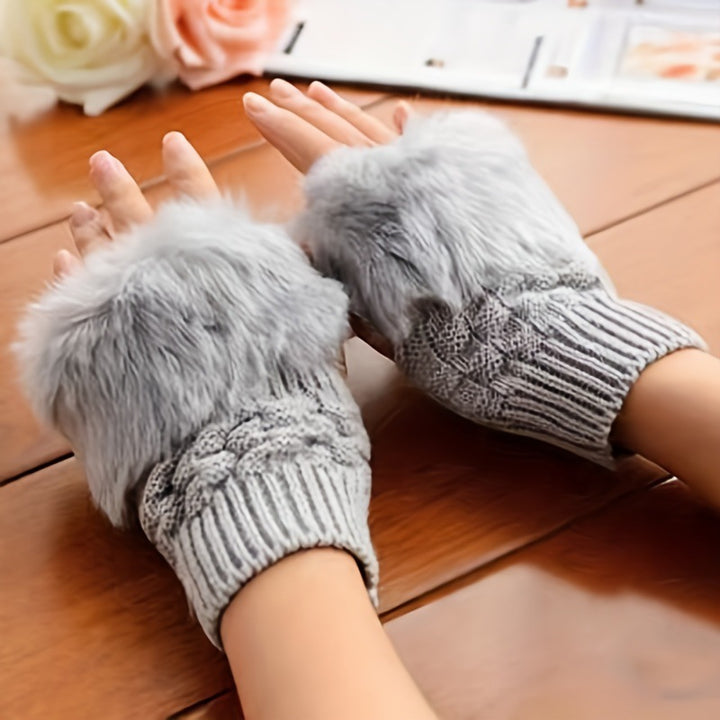White fingerless knit gloves with fluffy trim