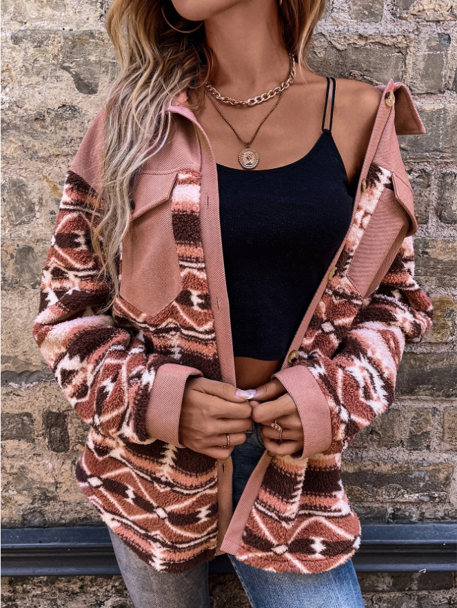 Woman in pink shacket with print sleeves