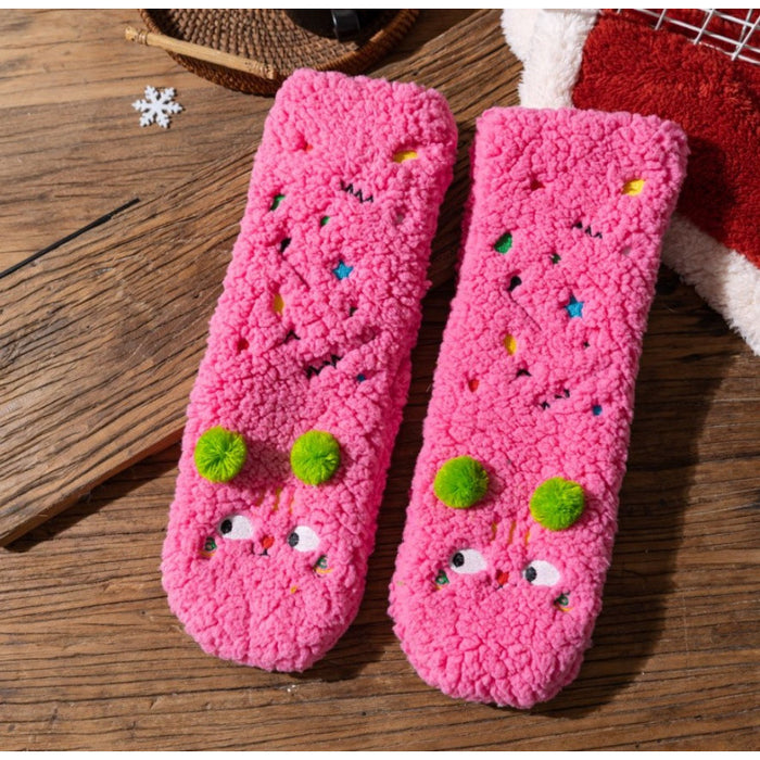 Snugleigh Fluffy Socks with Embroidered Faces and Pompoms
