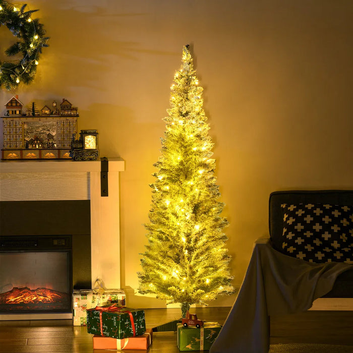Snugleigh Snowy Pre-Lit Pencil Christmas Tree, 5ft with Lights