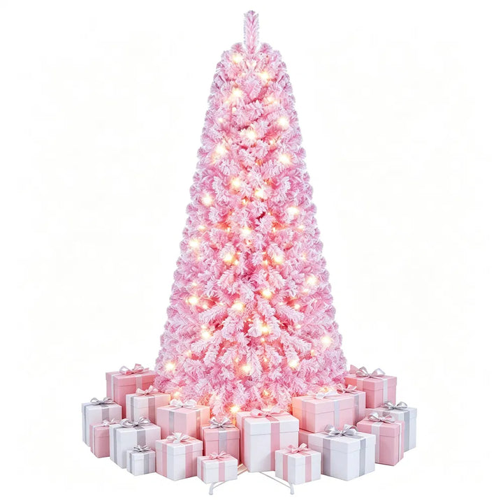 Pink flocked Christmas tree with lights
