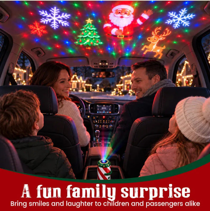 Candy-cane projector lighting car roof with Santa