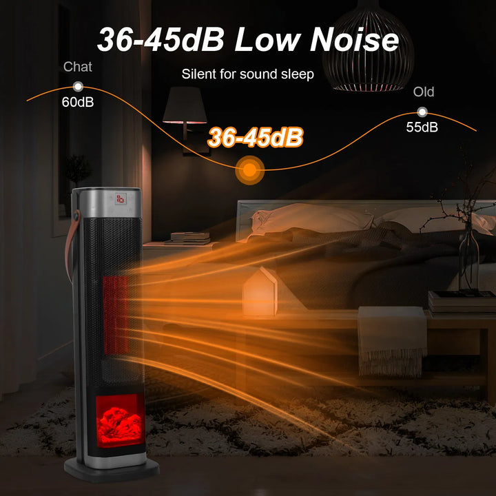 Black tower heater with flame-effect window