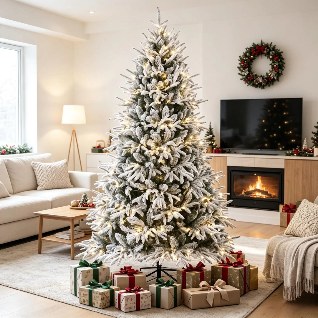 Extra-full flocked Christmas tree with lights