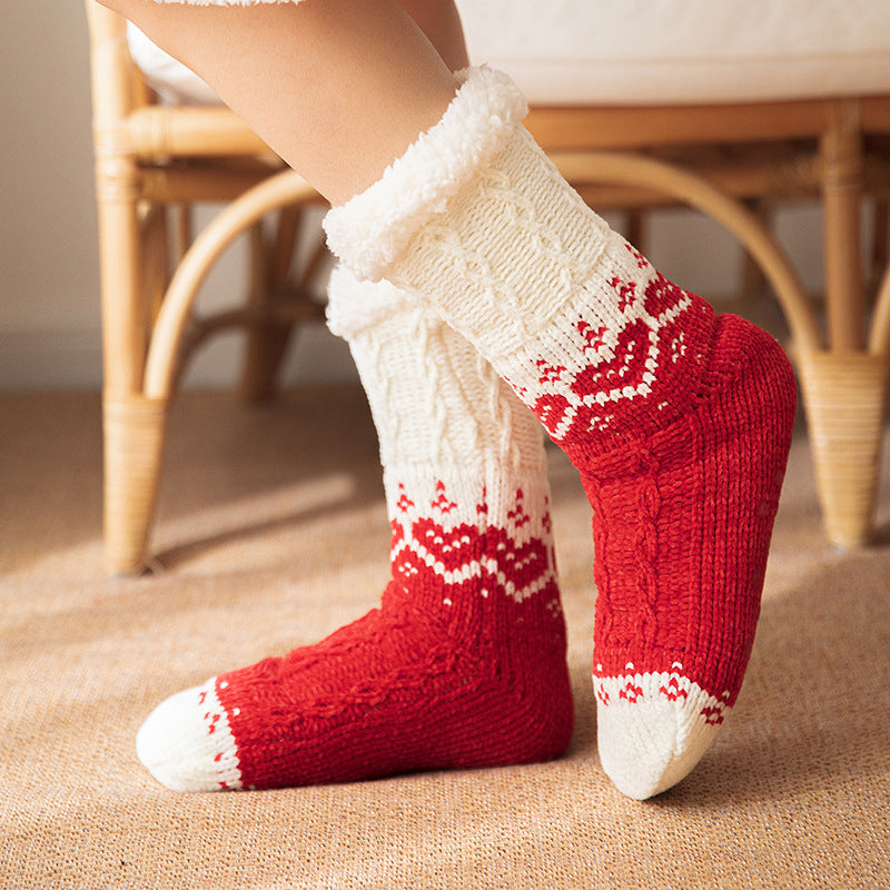 Pink heart knit plush floor socks