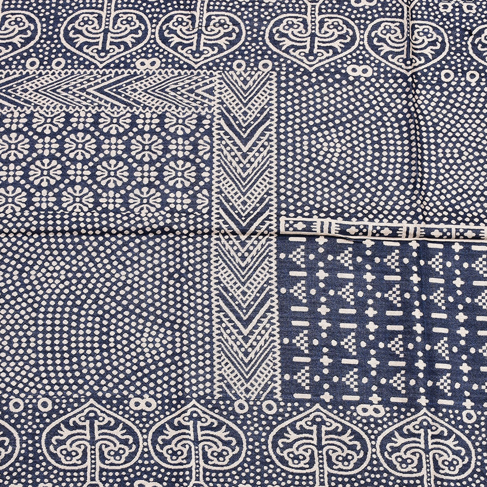 Navy jacquard woven scarf with fringe