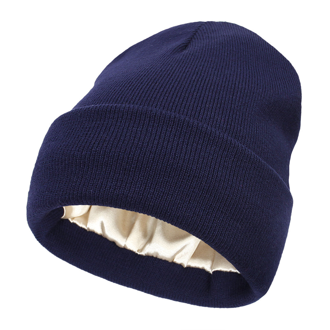 Black double layer cuffed beanie with satin lining
