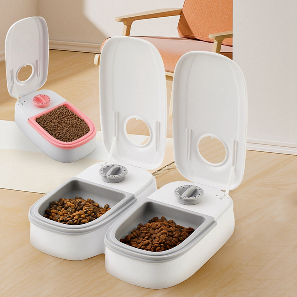 Grey timed pet feeder with dial lid