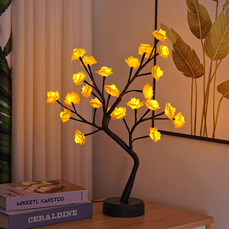 Rose tree lamp with glowing LED roses