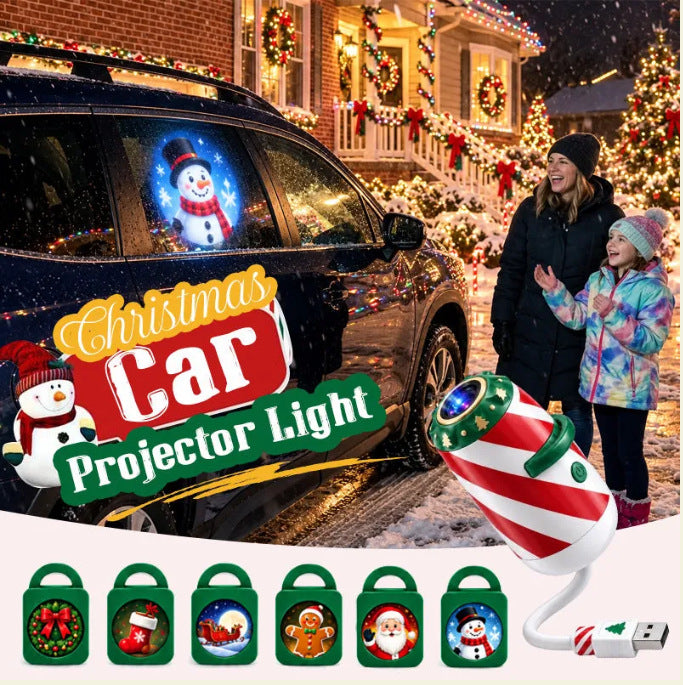 Candy-cane projector lighting car roof with Santa