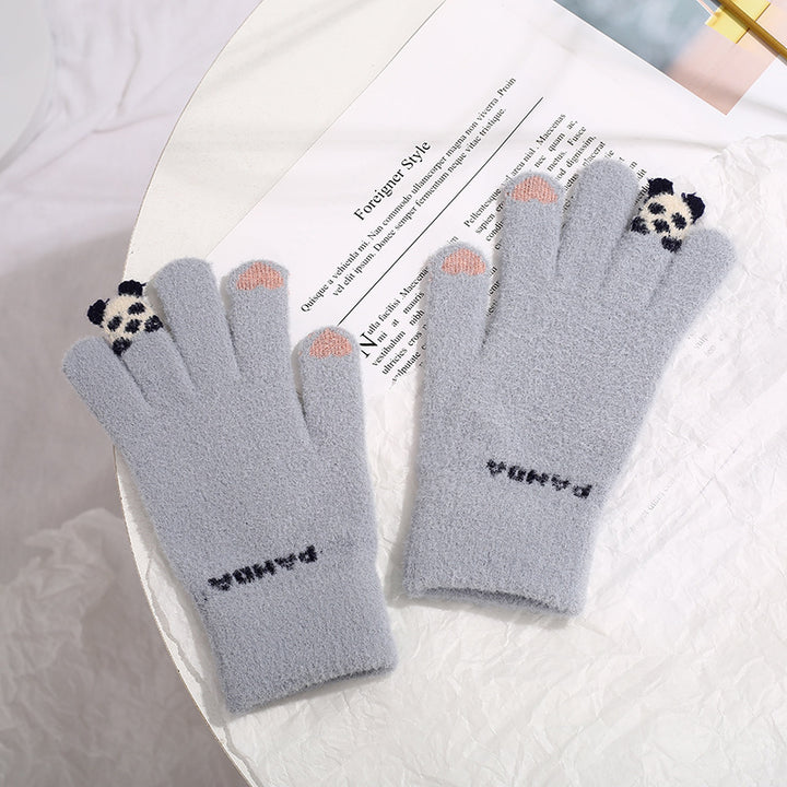 Grey knitted gloves with 3D panda