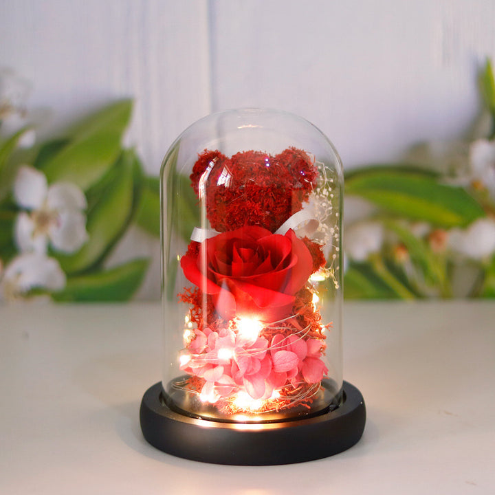 Eternal Preserved Rose Lamp With Teddy Bear And LED Lights