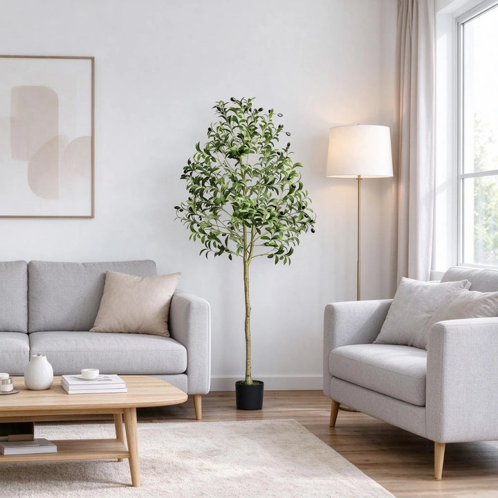 Tall artificial olive tree in black pot