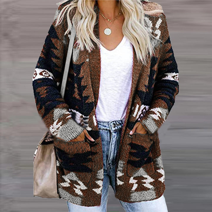 Woman wearing open front geometric knit cardigan