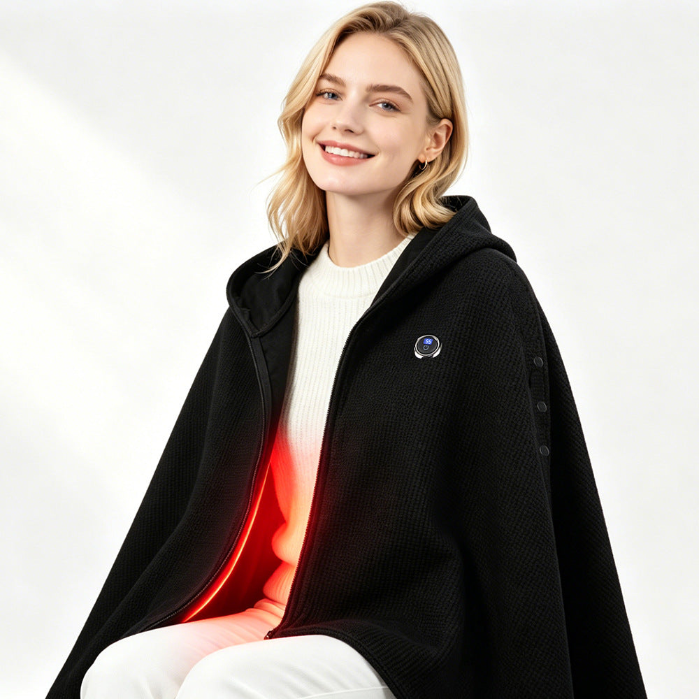 Black heated hooded shawl with zip front