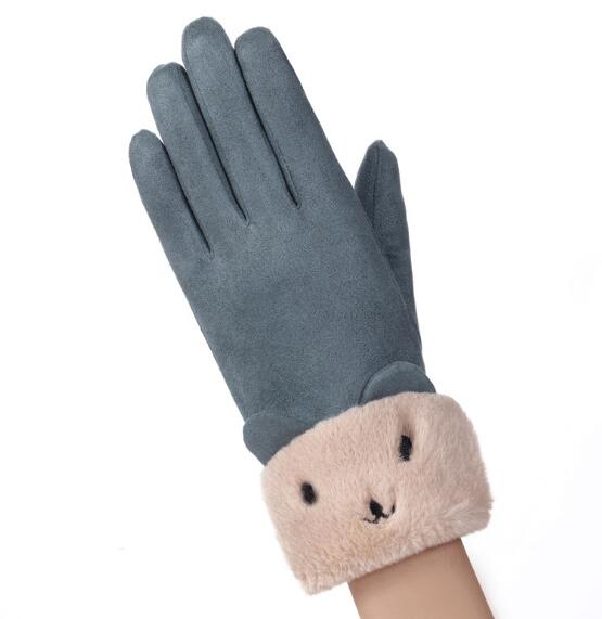 Grey suede look gloves with bear face cuff