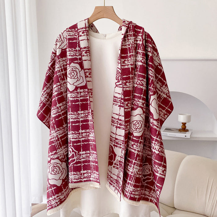 Snugleigh Double Sided Plaid Wrap Shawl with Rose Motif