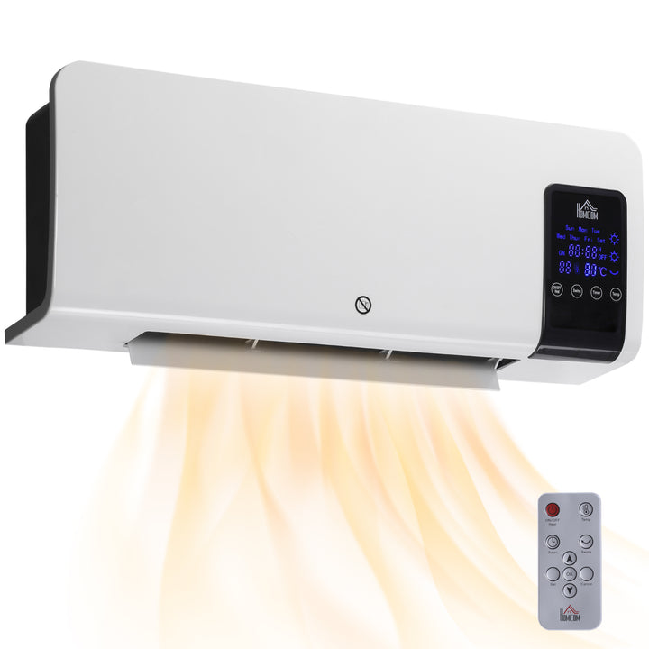 white wall-mounted ceramic fan heater with remote