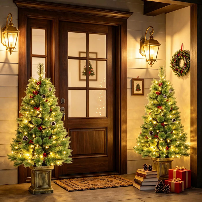 Snugleigh Battery Potted Pine Trees with Berries, Set of 2, 4ft