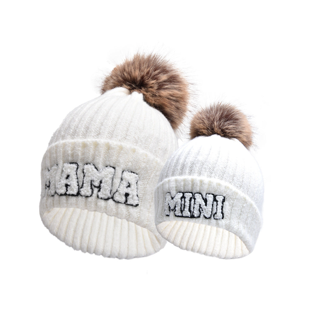 Pink MAMA and MINI beanies with pompoms