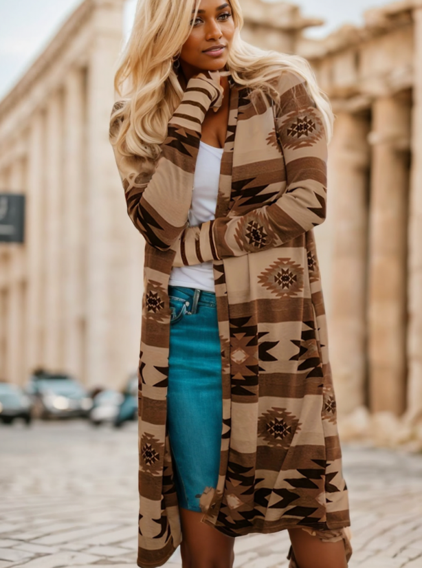 Snugleigh Long Open Front Cardigan with Colour Block Pattern
