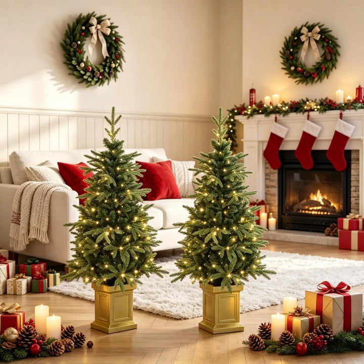 Two potted fir trees in gold pots