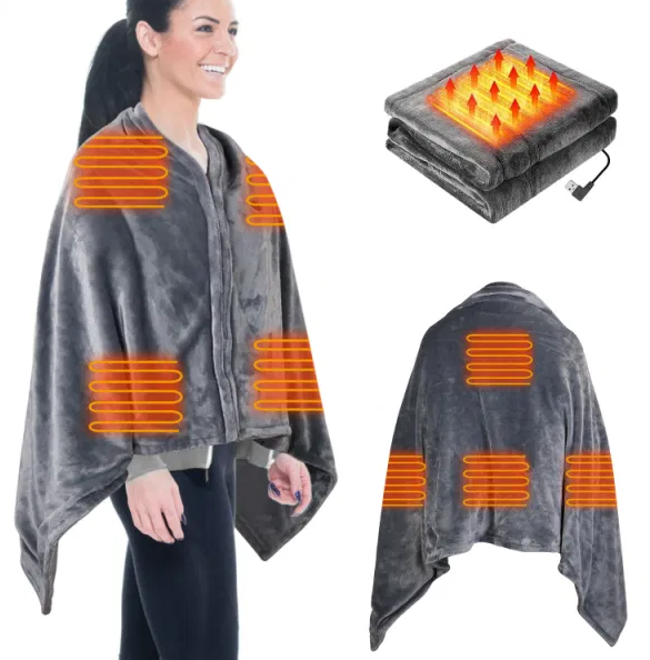 USB Heated Poncho Wrap With Zipper And Washable Fabric