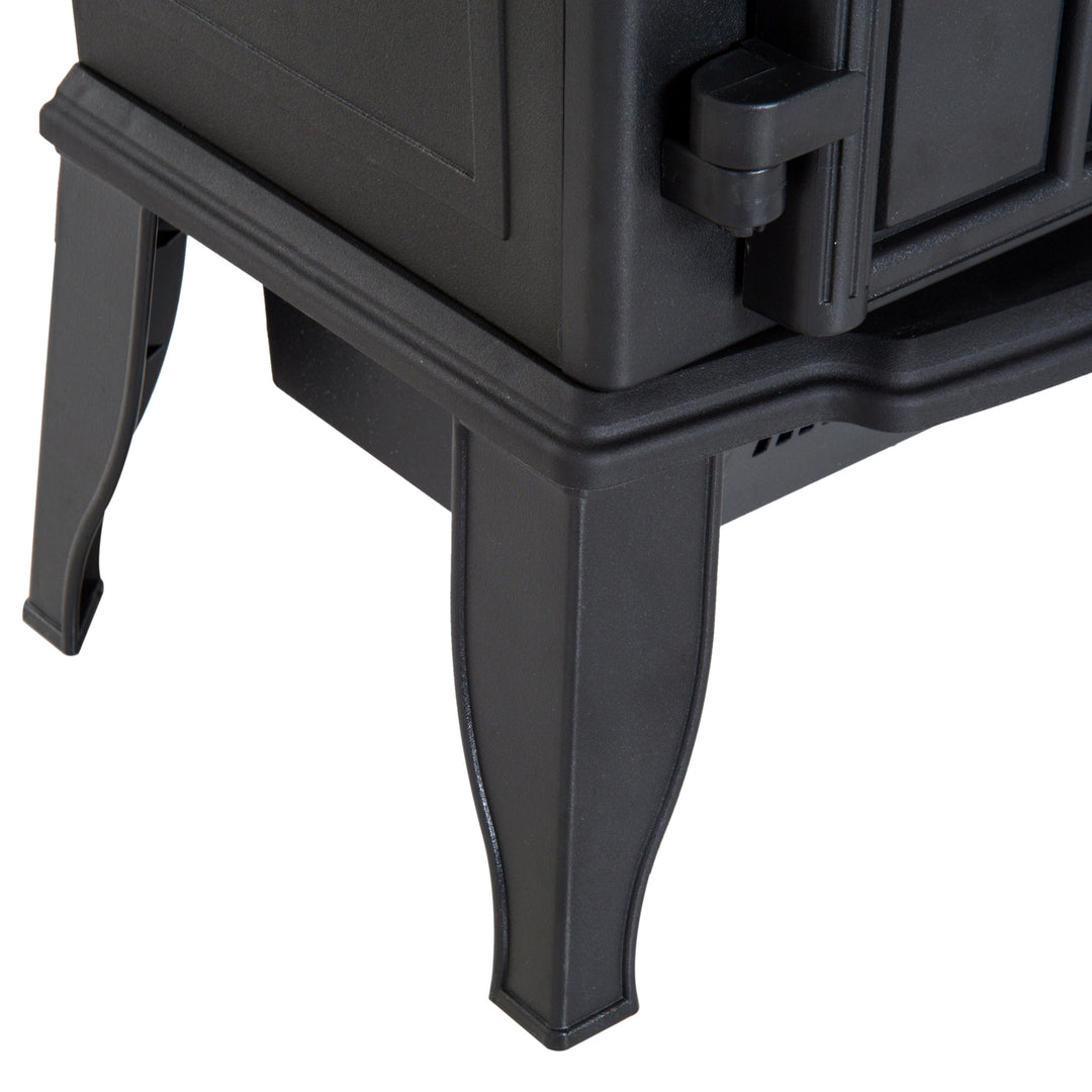 black electric stove with glowing LED charcoal flames