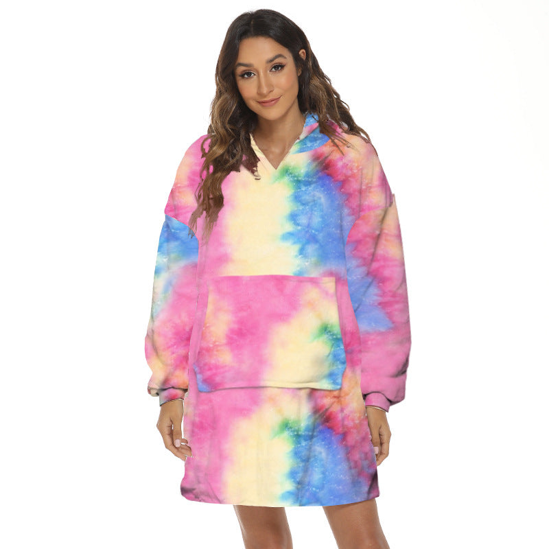 Person wearing oversized panda hooded blanket