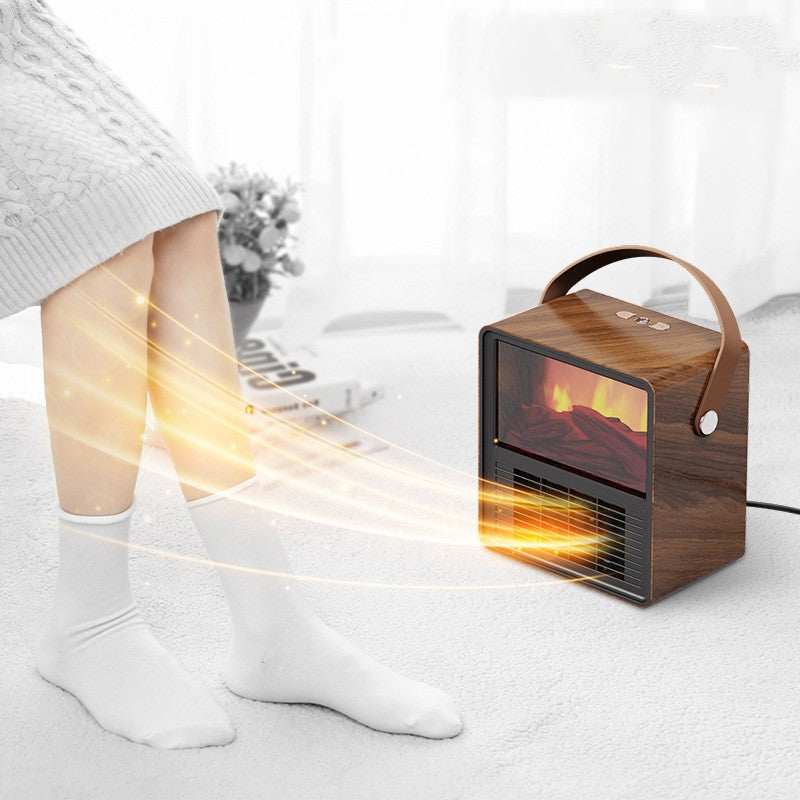 Wood-finish small heater with flame effect