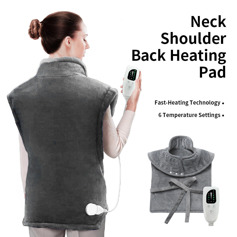 Grey heated flannel shawl over shoulders