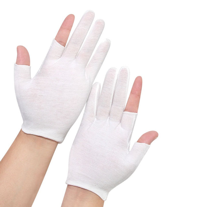 Grey cotton half-finger gloves on hands