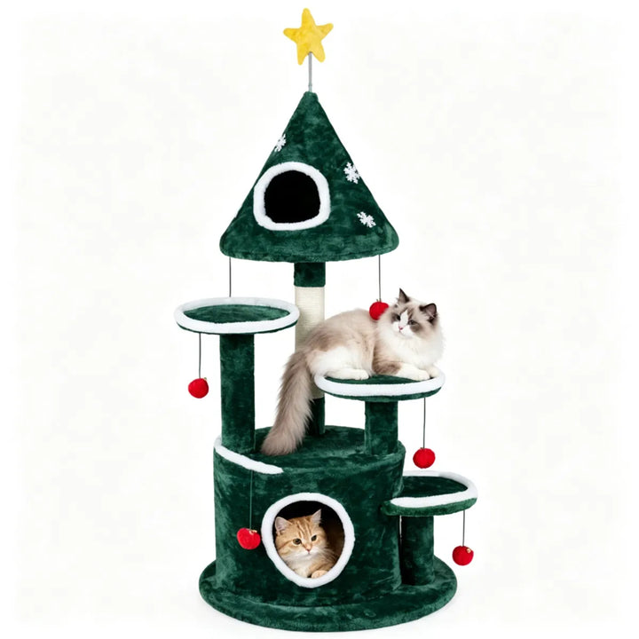 Festive cat tree with bell ball toys