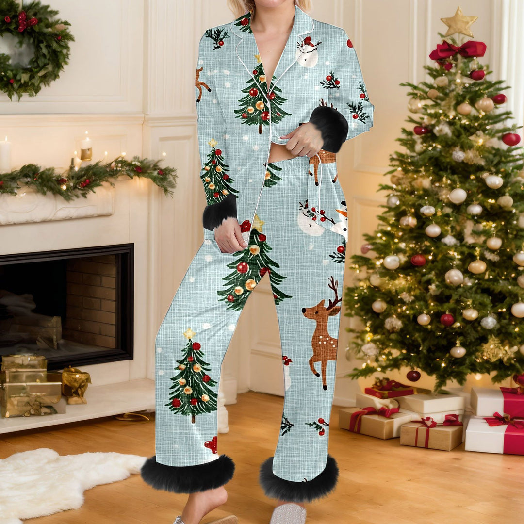 Woman in Christmas print pyjama set