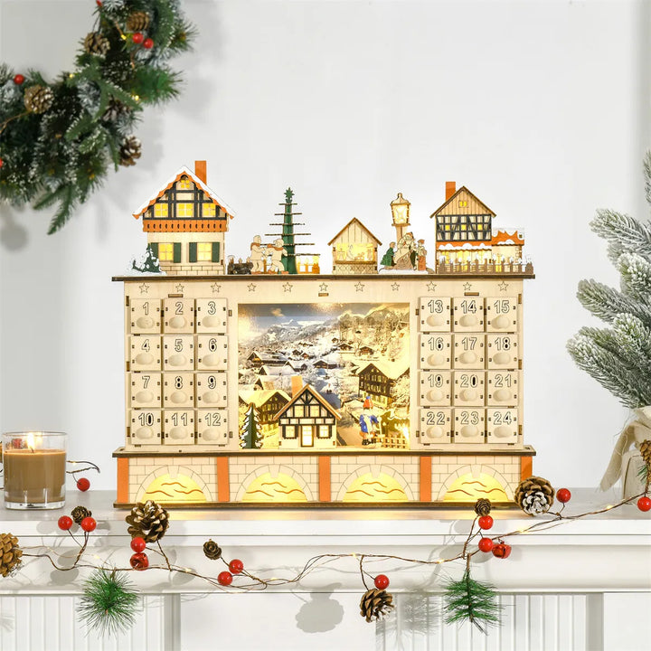 Wooden Christmas village advent calendar lit up