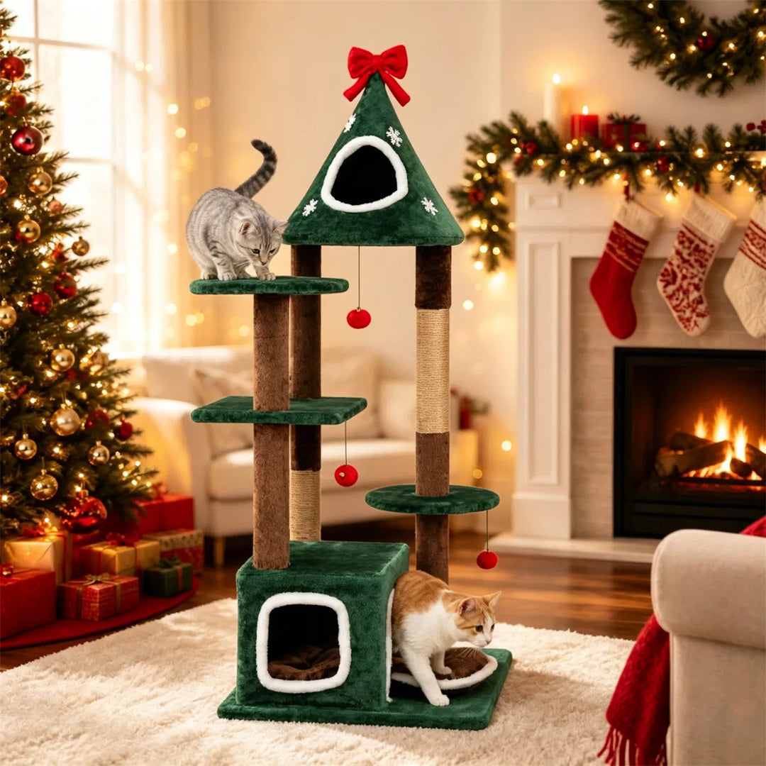 Green Christmas cat tree with bell balls