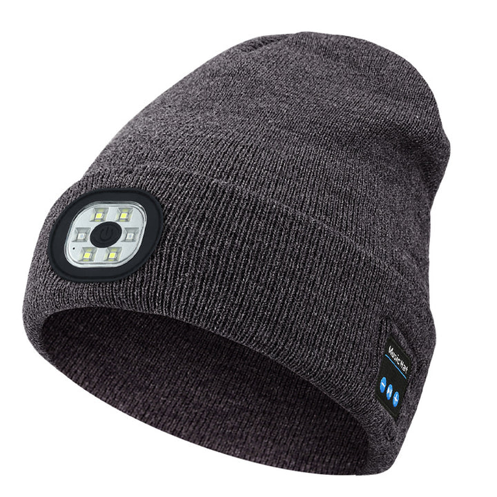 Black knit beanie with front LED light