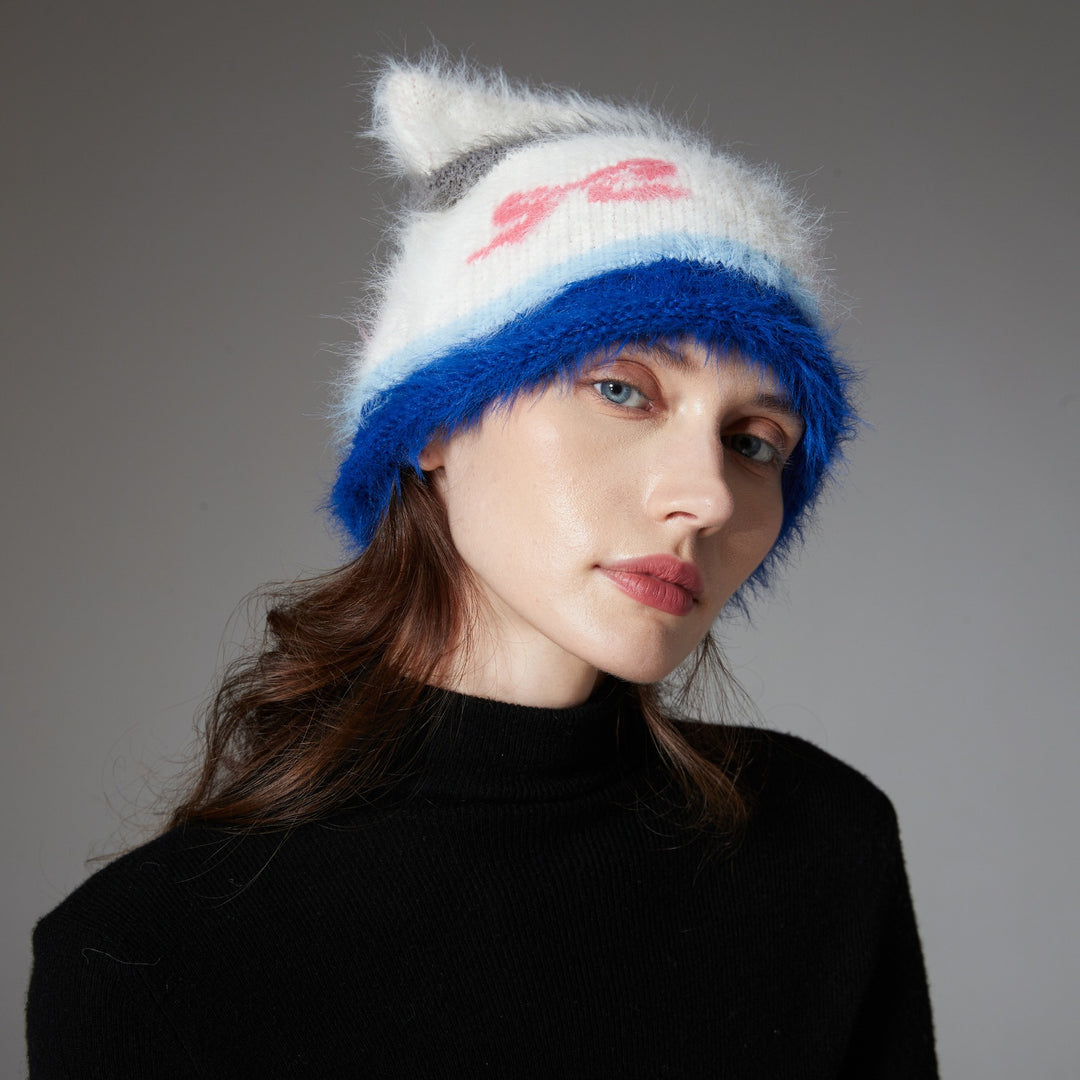 Shaggy white and blue cat ear beanie