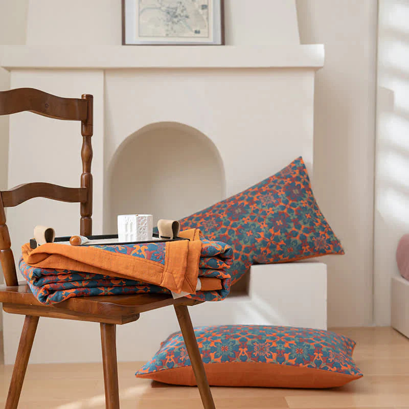 Six-Layer Cotton Blanket with Orange-Blue Pattern