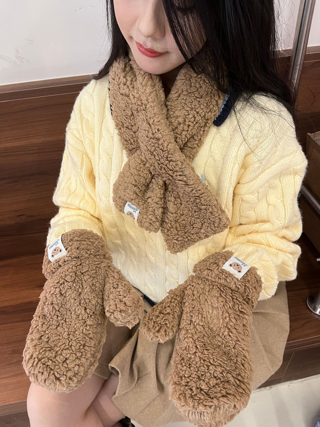 Beige teddy mittens and scarf set