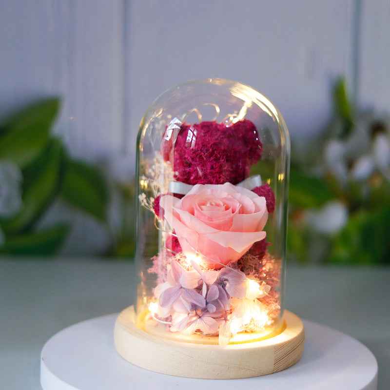 Eternal Preserved Rose Lamp With Teddy Bear And LED Lights