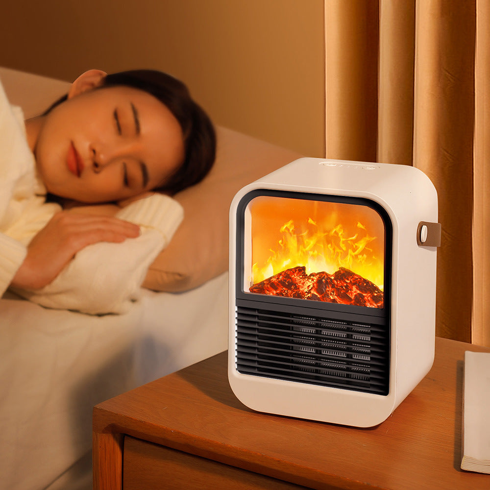 White portable heater with flame effect front