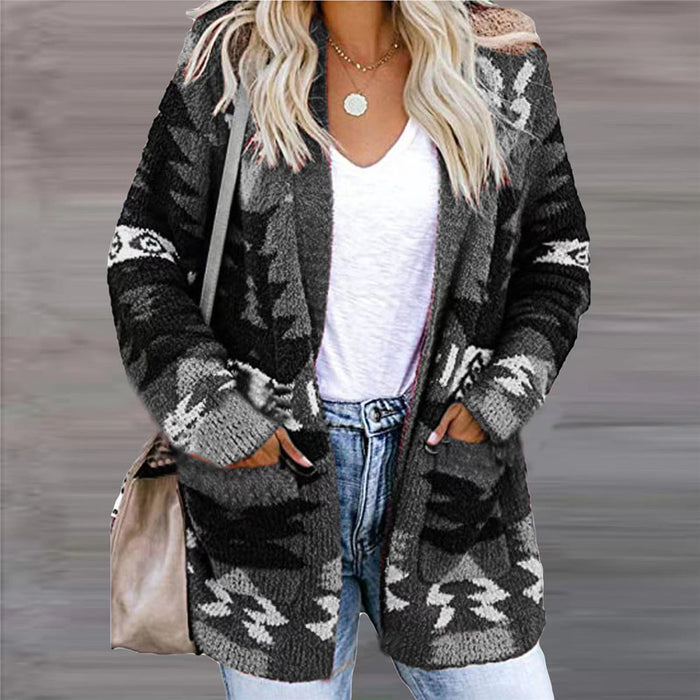 Snugleigh Open Front Knitted Cardigan with Pockets and Geometric Print