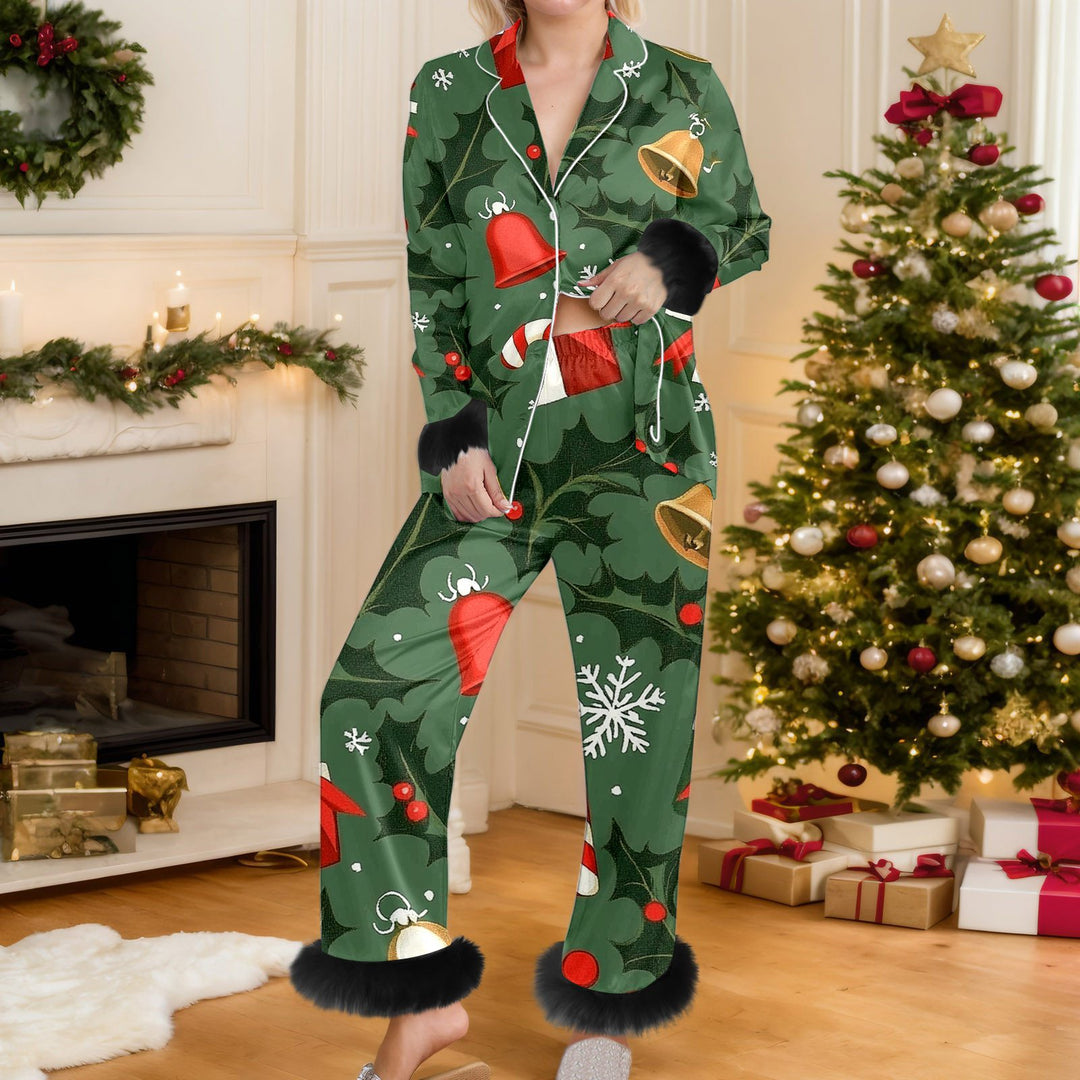 Woman in Christmas print pyjama set
