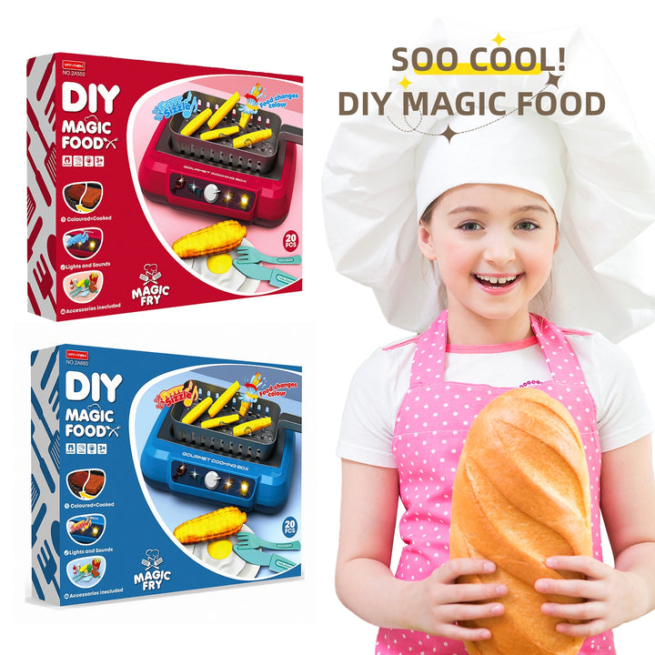 Toy kitchen hob with play food and utensils