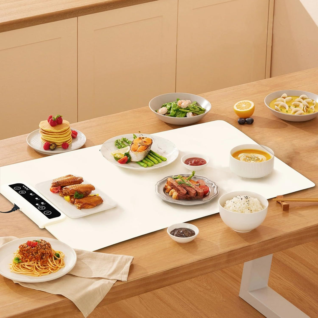 Roll-up food warming mat with dishes on top