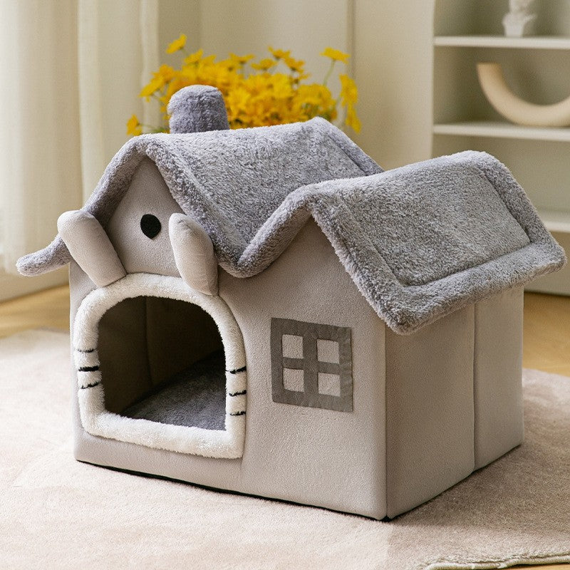 Foldable Dog House Bed With Warm Enclosed Cave Design